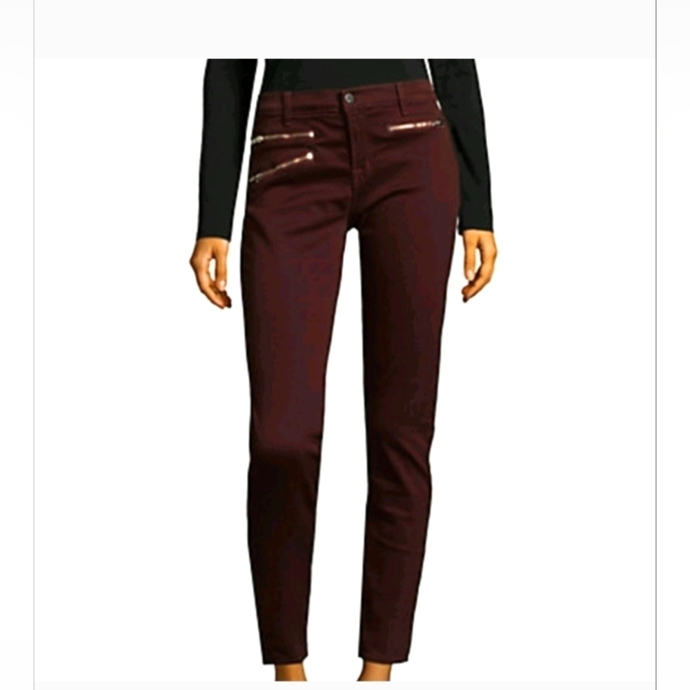 Stylish Dark Purple Burgandy Pants with Zipper Accents Elastic Band Stretch Pant